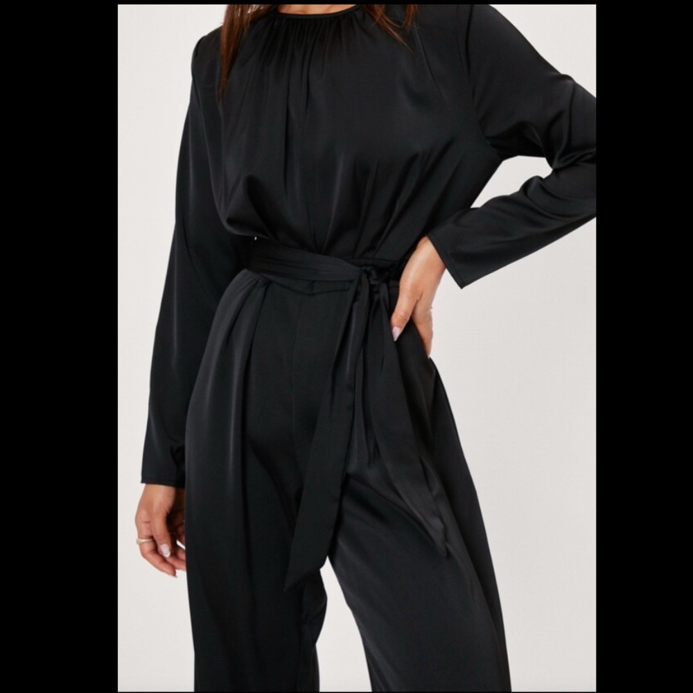 Nasty Gal Black Satin Shoulder Pad Jumpsuit NWT 6 - Picture 2 of 9